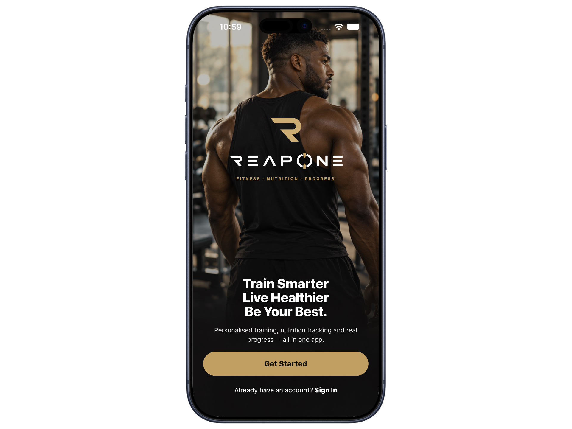 Reapone welcome-screen preview with its gold logo and an athlete in a gym.