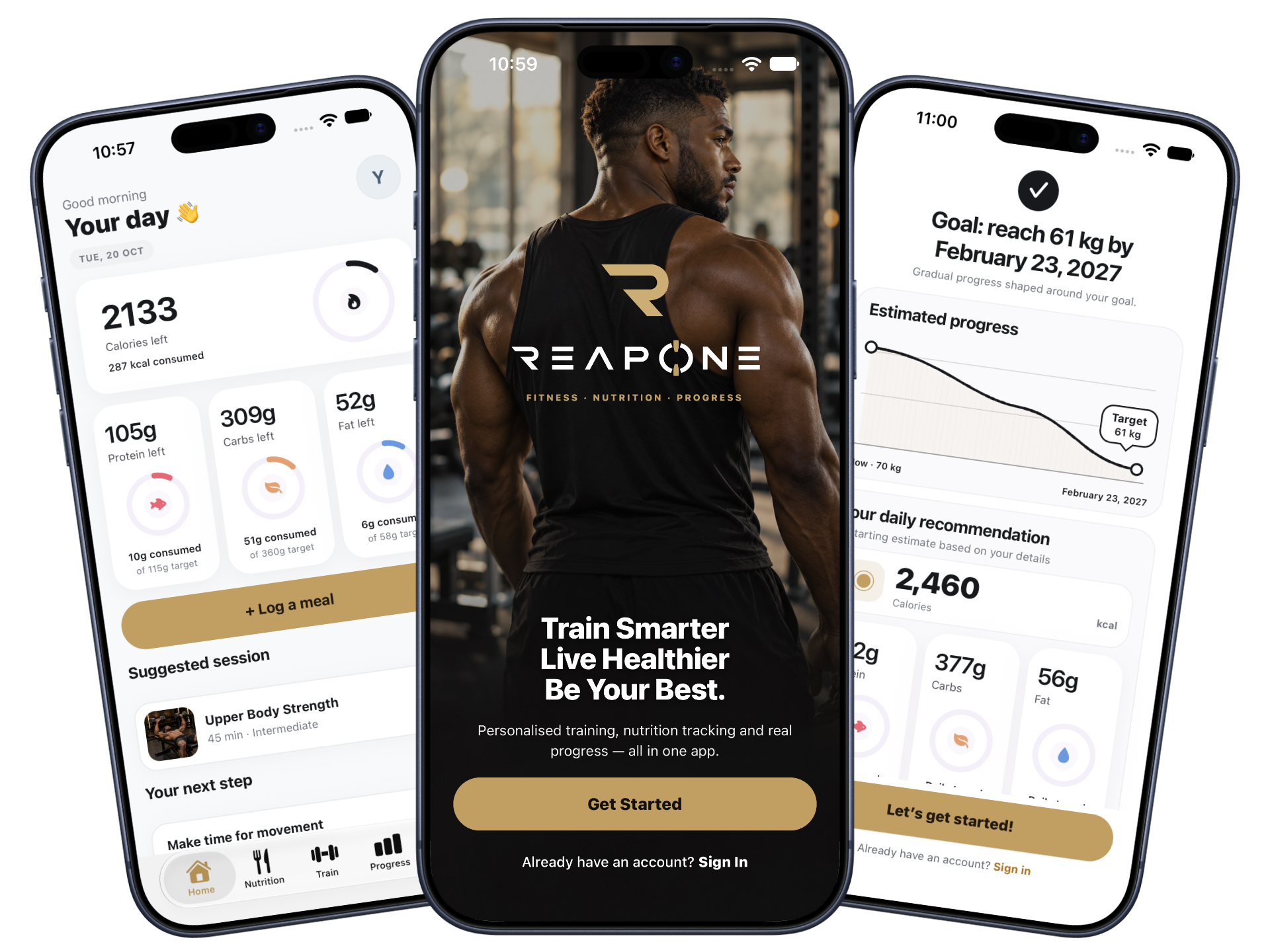 Three Reapone app previews showing daily nutrition, the welcome screen and an estimated weight-goal timeline.